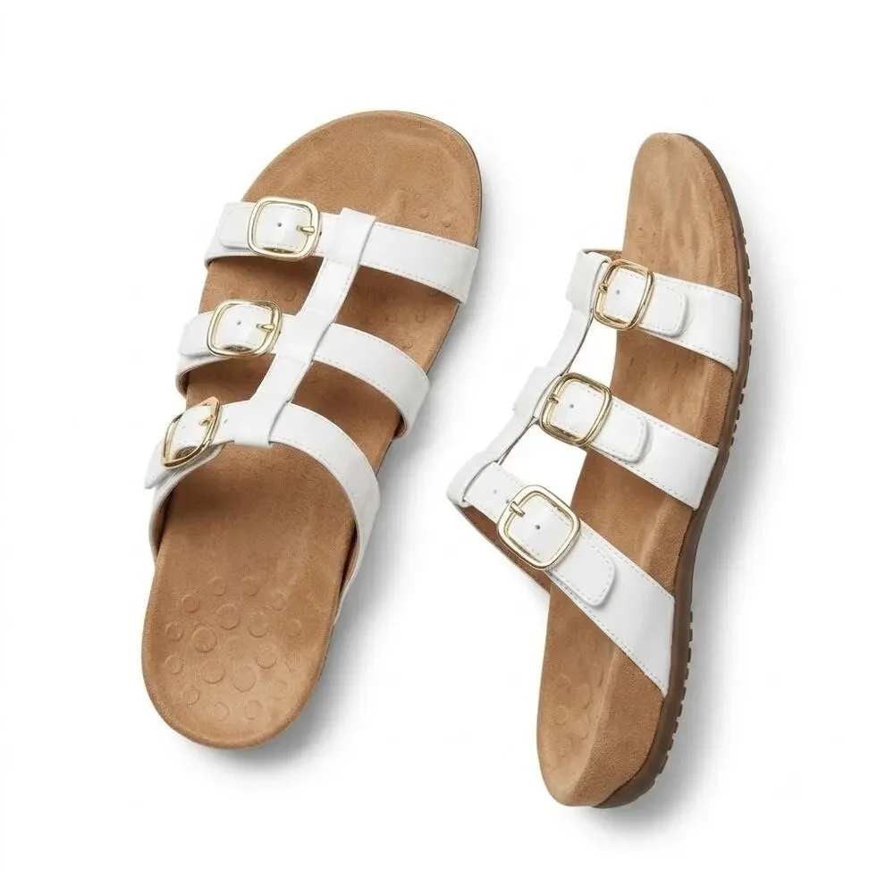 Vionic Misa White Patent Leather Triple Strap Buckle Slide Sandals Womens 10